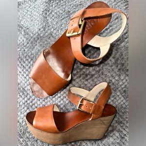Platform wedge sandals saddle brown leather